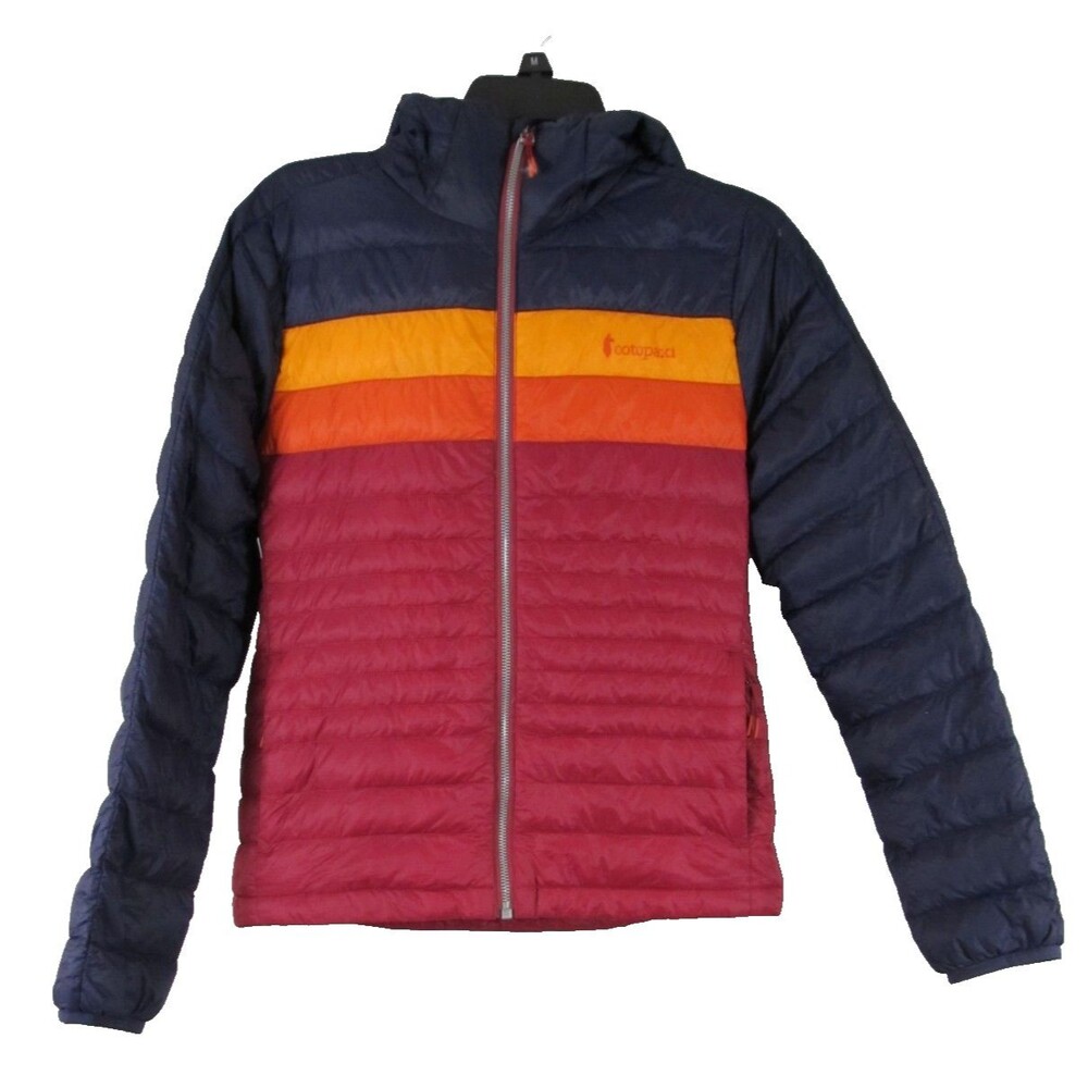 Cotopaxi Women's Fuego Down Hooded Jacket Puffer Striped Navy Wine XS